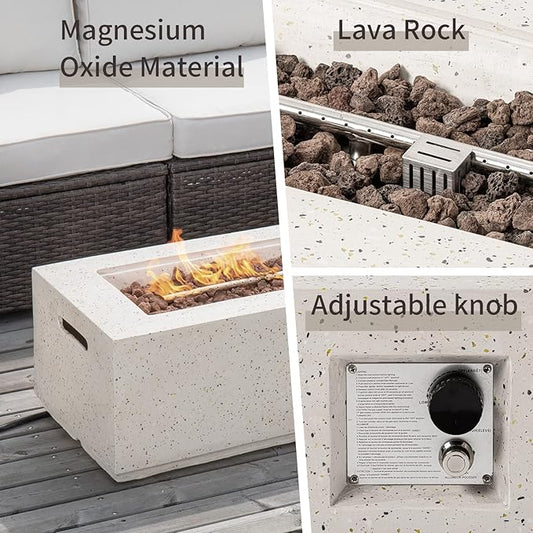 SUNBURY Outdoor Propane Fire Pit Table, 42 Inch Rectangular Firepit 40,000 BTU Heater Spotted White Patio Gas Fire Table Set with Conrete Tank Cover Small Side Table for Outside Poolside Deck