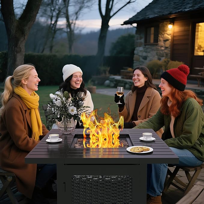 Black Propane Fire Pit Table, 50000 BTU Gas Fire Pits Table with Removable Lid and Lava Rock, Square Fire Table with Cover, 30'', Ideal for Dining or Party on Patio, Garden, Yard