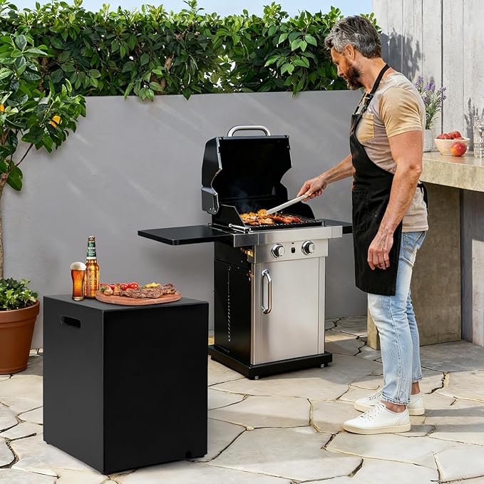 Propane Tank Cover Table, Modern Outdoor Gas Tank Covers, φ16 X 20inch Concrete Tank Storage Box Hideaway Table for Propane Gas Fire Pit and Rectangular Tank Holder with Handles (Black)