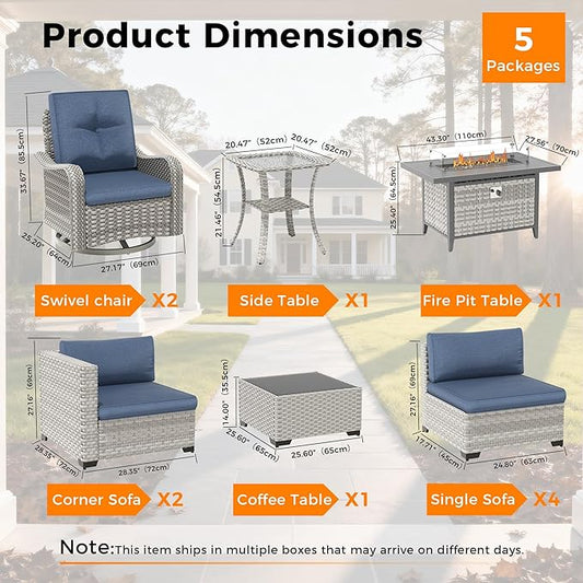 8-Seat Outdoor Wicker Patio Furniture Set with Fire Pit Table, Modular Rattan Sectional Sofa & 2 Swivel Rocking Chairs, 4" Thick Cushions, Rust-Resistant Frame,Navy