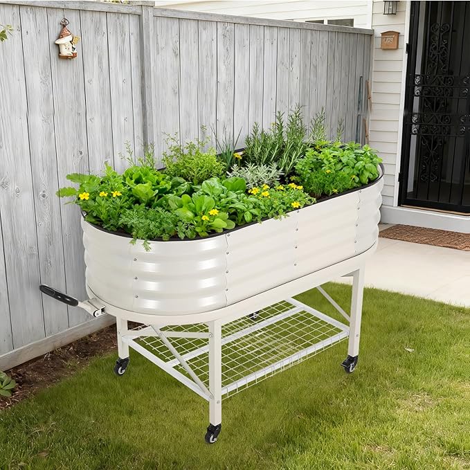 Oval Galvanized Raised Garden Bed Kit with Legs & Storage Rack for Patio, Easy Assembly, Thick Metal Outdoor Planter Box for Vegetables, Flowers, Patio Gardening, White