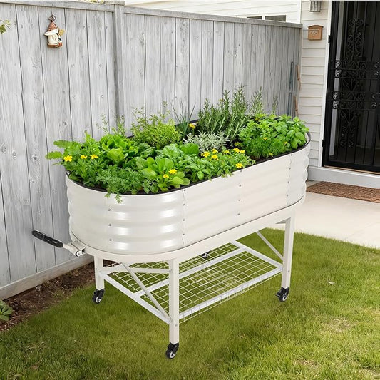 Oval Galvanized Raised Garden Bed Kit with Legs & Storage Rack for Patio, Easy Assembly, Thick Metal Outdoor Planter Box for Vegetables, Flowers, Patio Gardening, White