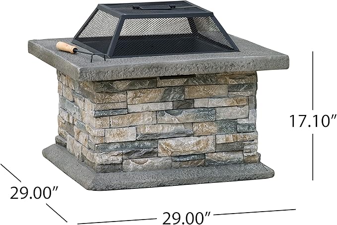 29 Inch Outdoor Fire Pit Table, Wood Burning Fire Pit for Patio with Spark Screen, Fire Poker, MGO Square Fireplaces for Camping, Garden, Backyard, Bonfire Party, Stone Gray