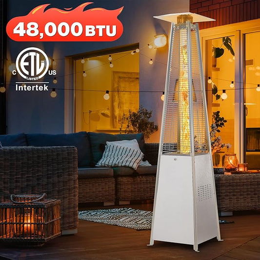 FOOWIN Propane Patio Heater, 48,000 BTU Outdoor Patio Heater with Wheels/Waterproof Cover & Gloves,Quartz Glass Tube Pyramid Outdoor Heater for Party,Backyard, Garden Silver Grey