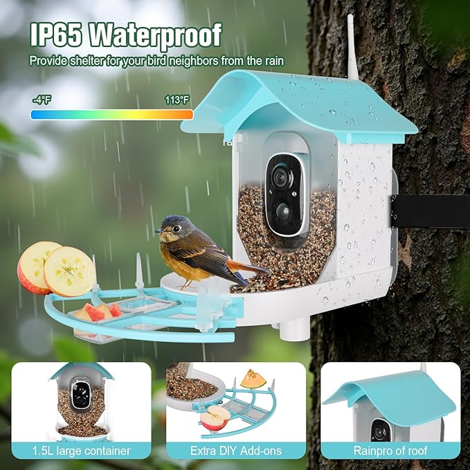 HUEVUE Bird Feeder with Camera, AI Identify Birds Species Solar Powered, Auto Record Videos in Backyard, Instant Notifications, Ideal Gift for Family and Bird Lovers