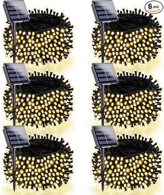 6 Pack 270FT Solar Christmas Lights Outdoor Waterproof, Super Bright 480 LED Solar String Lights with 8 Lighting Modes, Green Wire Solar Twinkle Tree Lights for Outside Xmas Party(Warm White)