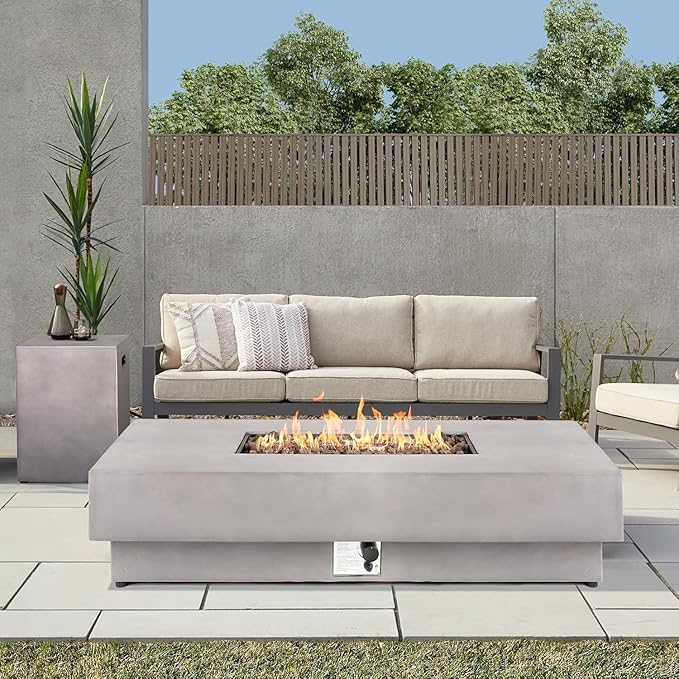 60inch Rectangle Fire Pit Table with Propane Tank Cover, 2-Piece Concrete Fire Table Outdoor 50,000 BTU Large Gas Firepits for Outside Patio with Steel Lid, Lava Rock, Rain Cover