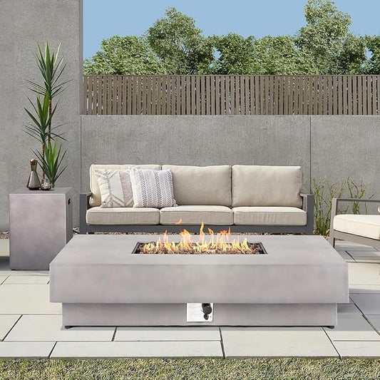 60inch Rectangle Fire Pit Table with Propane Tank Cover, 2-Piece Concrete Fire Table Outdoor 50,000 BTU Large Gas Firepits for Outside Patio with Steel Lid, Lava Rock, Rain Cover