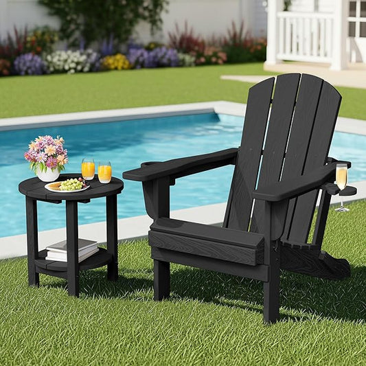 SERWALL Round Outdoor Side Table Set of 4, HDPE Small Adirondack Double End Table, Black