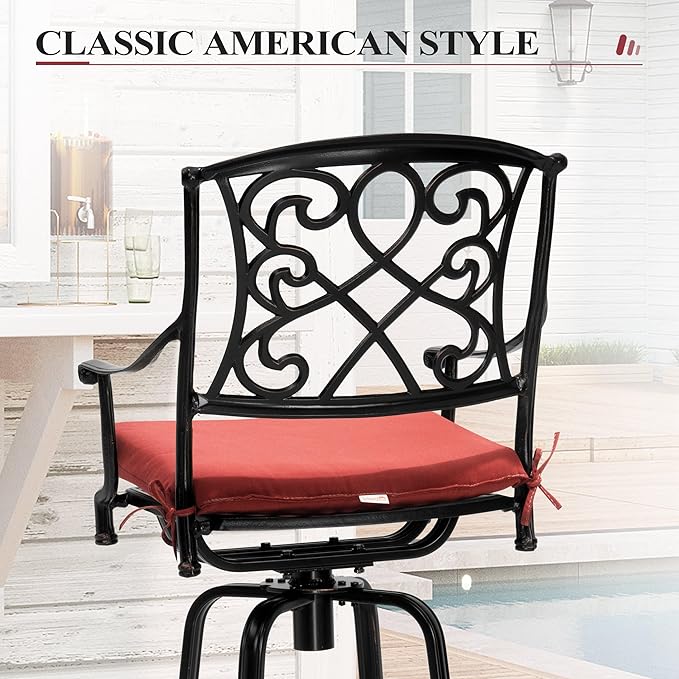 Crestlive Products Outdoor Bar Stools with Sunbrella Cushion Set of 4, 360° Swivel Patio Bar Height Chairs, All Weather Heavy Duty Commercial Grade Furniture, Antique Brown Finish for Outside (Red)