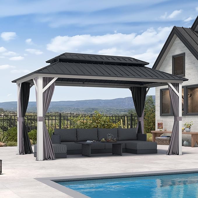 PURPLE LEAF 8' X 14' Hardtop Gazebo Metal Double Roof White Aluminum Frame Outdoor Heavy Duty Gazebo with Curtain and Netting for Patio Garden and Backyard, Grey