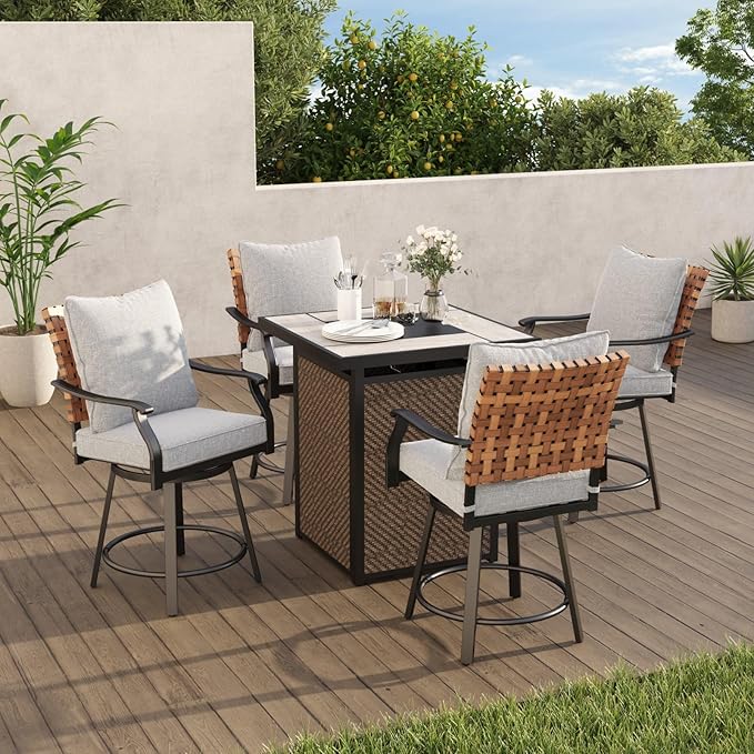 Grand patio 5-Piece Swivel Patio Bar Set with Fire Pit Table 40,000 BTU Heat Output, Leather-Look Wicker Outdoor Height Patio Bar Stools Set of 5, Patio Bar Height Chairs with High Back and