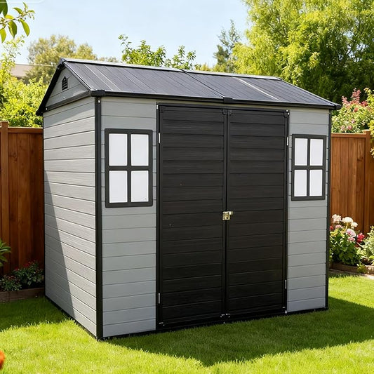 8x6ft Resin Outdoor Storage Shed with Floor and 2 Windows, Plastic Sheds & Outdoor Storage Clearance for Patio Furniture, GardenTools, Bike Accessories and Lawn Mower, Black+Grey