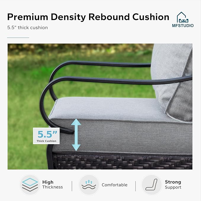 MFSTUDIO 5 Pieces Outdoor Patio Furniture Set, Metal Outdoor Conversation Sofa, Rattan Wicker Patio Sectional Sofa Set with 4 x Fixed Single Sofa, 1 x Fire Pit Table, Grey