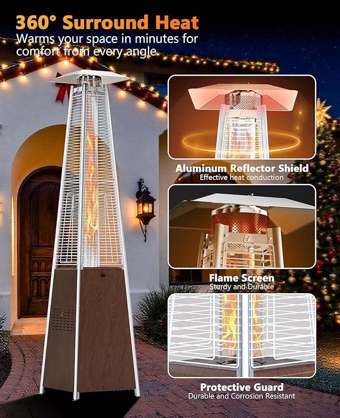 HUGROVE Pyramid Patio Heater, 48,000 BTU Rapid Heating Outdoor Propane With Wheels and Weatherproof Cover, Triple Protection System for Patio, Backyard, Garden, Pool (1 Brown Heater)