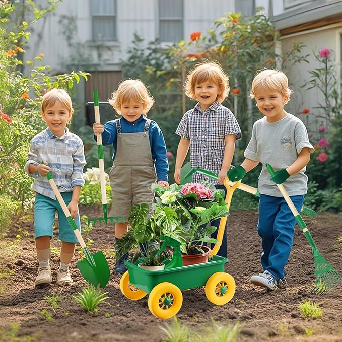 Duckura Kids Gardening Tools Set - 7pcs Wheelbarrow Set Outdoor Toy for Kids with Shovel, Rake, Leaf Rake, Yard Digging Weed Toys, Valentine's Birthday Gifts for Boys Girls Age 2 3+Years Old(Yellow)