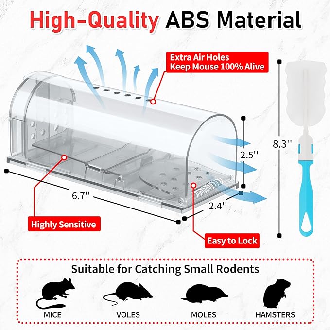 LULUCATCH Humane Mouse Traps 2 Pack, Live Mouse Traps, Catch Release Mouse Traps Indoor for Home, No Kill Mole Squirrel Rat Traps for House & Outdoors, Pet Safe, White