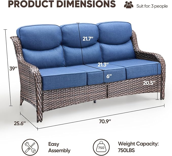 Luxury Patio Sofa 3-Seat Wicker Couch with 6" Thick Cushion - Outdoor Furniture Rattan Sofa with Deep Seating High Back Outdoor Sofa for Patio Garden Balcony Sunroom Backyard, Brown | Blue