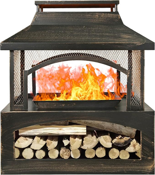 Outdoor Fire Pit Wood Burning Fireplace, Large Log Burner Firepit with Log Grate and Poker, Metal Firepit for Patio Garden Backyard Outside, 37 x 32 x 18 inch