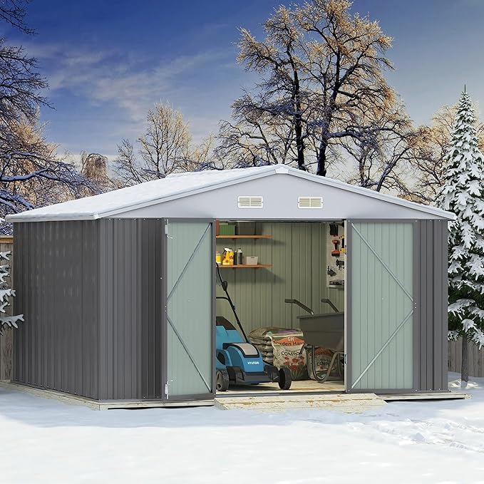 Greesum 10×8FT Outdoor Storage Shed, Metal Patio Storaged Sheds with Lockable Doors, Sheds & Outdoor Storage for Bike, Backyard, Pool and Garden, Gray