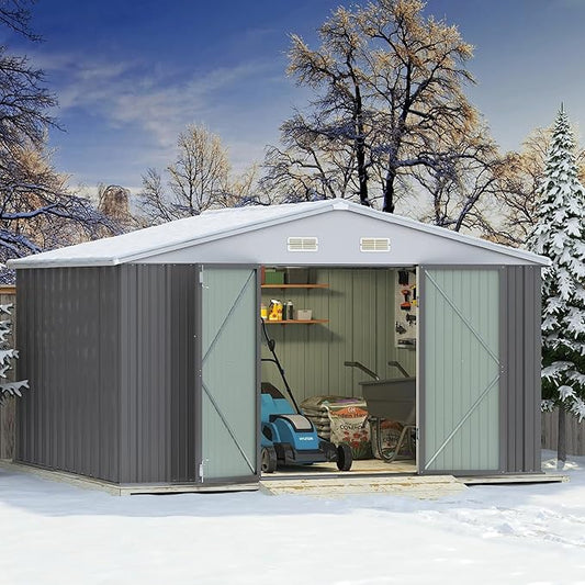 Greesum 10×8FT Outdoor Storage Shed, Metal Patio Storaged Sheds with Lockable Doors, Sheds & Outdoor Storage for Bike, Backyard, Pool and Garden, Gray