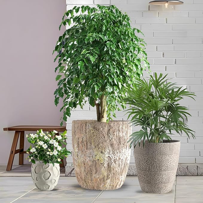 Round Concrete Style Planter Set of 3, Large Outdoor Flower Pots with Drainage, Stone Texture Plant Pots for Indoor Outdoor Garden, Patio & Balcony Décor (3, Sandstone)