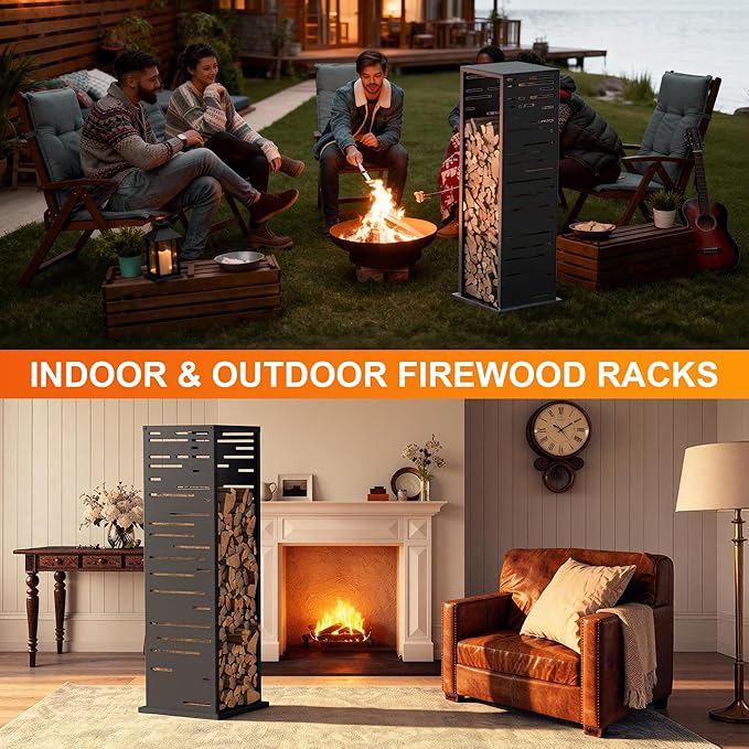 Firewood Rack, Wood Stacker Firewood Outdoor, Black Metal, 44.1 Inches, 1000 lbs Capacity, Indoor Decorative Wood Holder for Woodshed, Storeroom, Basement (Rectangularslot)