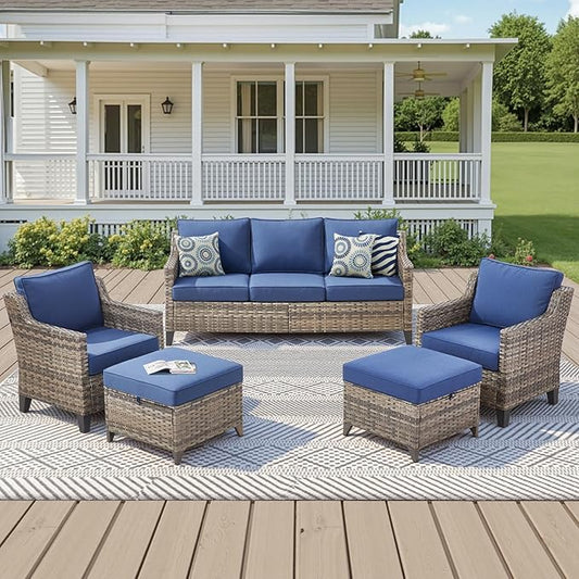5 Pieces Outdoor Furniture-High Back Outdoor Wicker Couch Patio Chairs Set of 2 with Comfy Cushions Ottomans Patio Furniture Set for Backyard Porch Garden Deck Grey/Blue