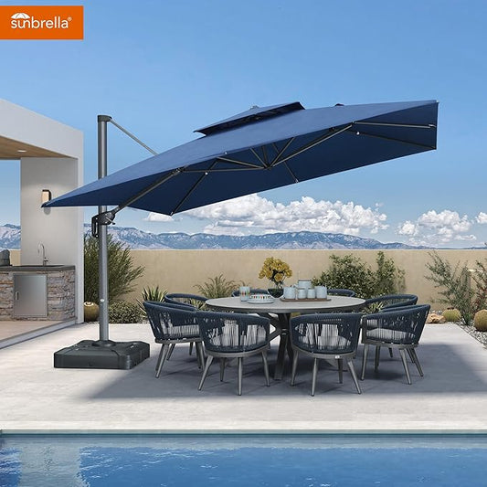 PURPLE LEAF Cantilever Umbrella with Base Included Double Top Large Offset Hanging 12FT Outdoor Square 360° Rotation Heavy Duty Umbrella for Garden Patio Deck Pool Backyard Spectrum Indigo