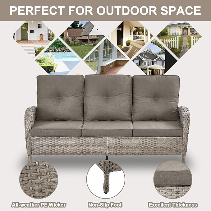 Belord Wicker Outdoor Furniture Set - 7 Piece Patio Conversation Sets with Comfort Swivel Rocker Glider Patio Chairs Set of 2 and Rattan Sofa, Tempered Glass Coffee Table and Side Table,Gray/Gray
