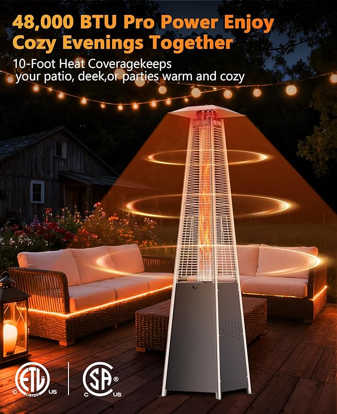 HUGROVE Pyramid Patio Heater, 48,000 BTU Rapid Heating Outdoor Propane Heater With Wheels and Weatherproof Cover, Triple Protection System for Patio, Backyard, Garden, Pool