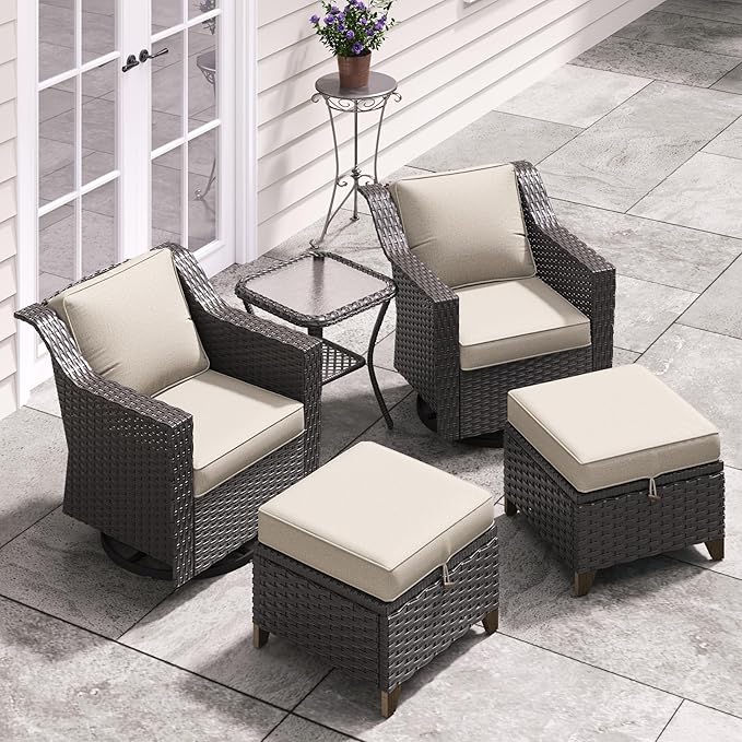 5 Pieces Patio Conversation Furniture Set - Swivel Chairs with Ottomans Set of 2, 1 Side Table, Outdoor Wicker Furniture Set with Washable Cushions for Porch, Balcony, Sunroom (Beige)
