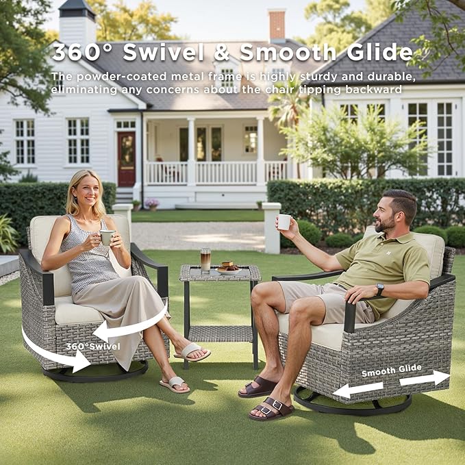 Wicker Outdoor Patio Furniture Set - 9 Pieces Patio Conversation Sets with Wicker Swivel Rocker Chairs, Deep Seat Sectional Sofa with Thick Cushions Ottomans for Porch Balcony Deck Gray/Beige