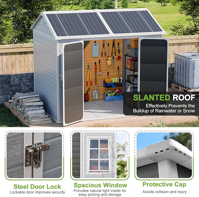 6x8 FT Plastic Storage Sheds Outdoor with Floor and Openable Window, Utility All-Weather Resin Shed Easy to Install, Large Sheds & Outdoor Storage/Tool Shed for Garden & Backyard, Gray