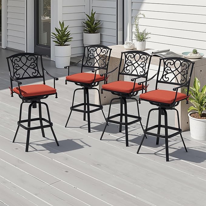 Crestlive Products Outdoor Bar Stools with Sunbrella Cushion Set of 4, 360° Swivel Patio Bar Height Chairs, All Weather Heavy Duty Commercial Grade Furniture, Antique Brown Finish for Outside (Red)