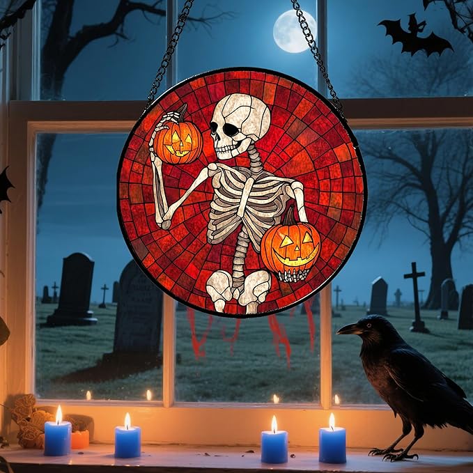 CRISGIF Stained Glass Window Hanging - Halloween Decorations Skeleton Pumpkin Suncatcher for Doors Garden Indoor Spooky Funny Sun Catchers Gothic Decor Horror Gifts for Women Men Friend 15 in
