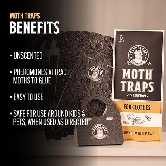 Grandpa Gus's Clothes Moth Traps, Potent Pheromone Sticky Glue Traps for Case-Making and Web Spinning Moths, Moths Repellent for Clothing, Closets & Carpets, Pack of 6