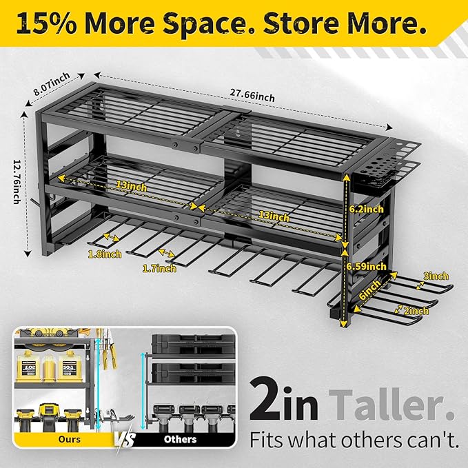 Power Tool Organizer Wall Mount Heavy Duty 320 lbs, 3-Tier Rack with 9 Drill Holders & Battery Storage for Garage, Workshop & Tool Room，Gifts for Men Who Have Everything
