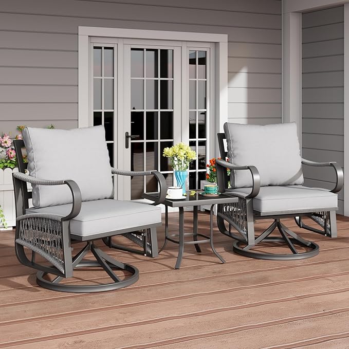 3 Piece Patio Furniture Set, Rope Woven Outdoor Conversation Set with High Back Metal Swivel Chairs and Coffee Table, Thick Cushions for Garden, Porch, Grey