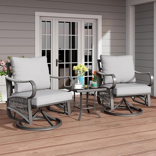 3 Piece Patio Furniture Set, Rope Woven Outdoor Conversation Set with High Back Metal Swivel Chairs and Coffee Table, Thick Cushions for Garden, Porch, Grey
