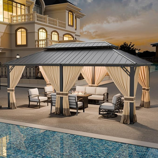 12x20ft Hardtop Gazebo Double Roof, Outdoor Pavilion with 2-Layer Hard top Galvanized Iron Frame Garden Tent, Suitable for courtyards, backyards, Decks, and Grass