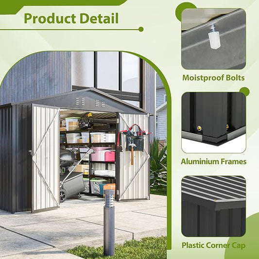 8x10 FT Outdoor Storage Shed, Metal Garden Shed with Frame Floor, Outside Tool Shed with Lockable Hinged Doors, Waterproof Storage Building with Sloped Roof for Backyard, Patio, Lawn, Black