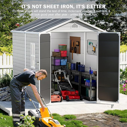 CDCASA 8x6 FT Resin Storage Shed, Large Waterproof Outdoor Sheds with Floor & Lockable Door & Vents, Outside Plastic Tool Shed for Backyard, Patio, Poolside, Cabinet