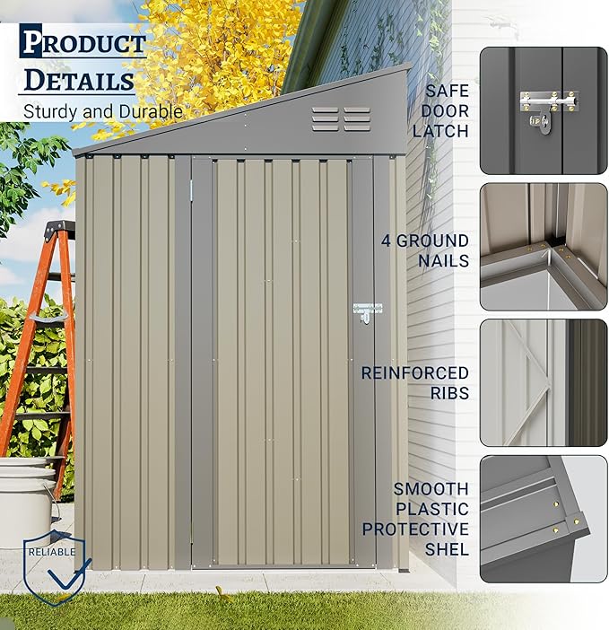 4x7 FT Outdoor Storage Shed Lean to Shed,Metal Shed W/Lockable Door & Air Vent,All Weather Waterproof Garden Tool House W/Reversible Installation,for Backyard,Patio,Lawn,Olive Gray