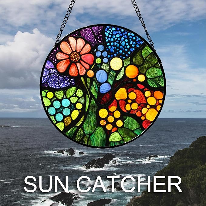 QZQCBLC Stained Glass Window Hanging Red Flowers Green Blue Orange Dots 7.8" - Suncatcher Door Garden Sun Catcher Home Decor Birthday Christmas for Mom Men Woman Nana