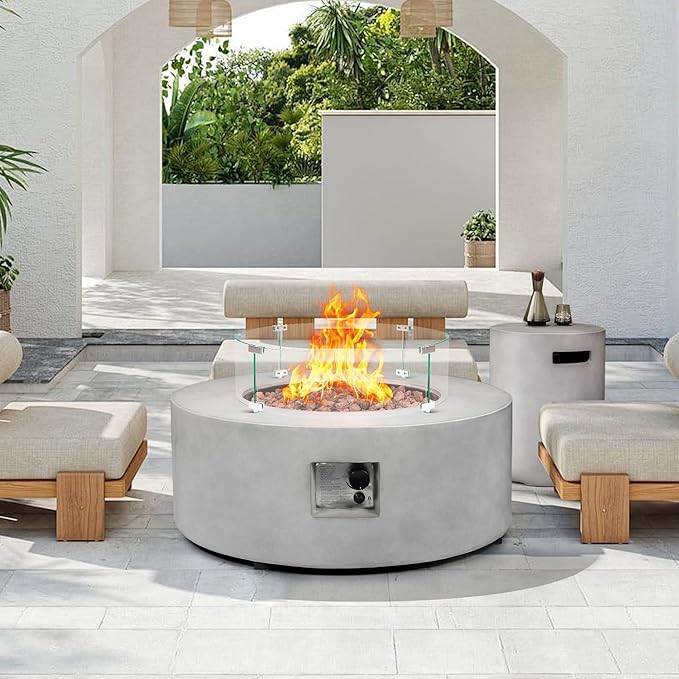 36 Inch Round Propane Fire Pit–Outdoor Firepit 3-Piece 50,000 BTU Gas Concrete Fire Pit w Tank Cover,CSA Certification,w Lid and Glass Wind Guard,Lava Rocks, Rain Cover for Backyard&Deck
