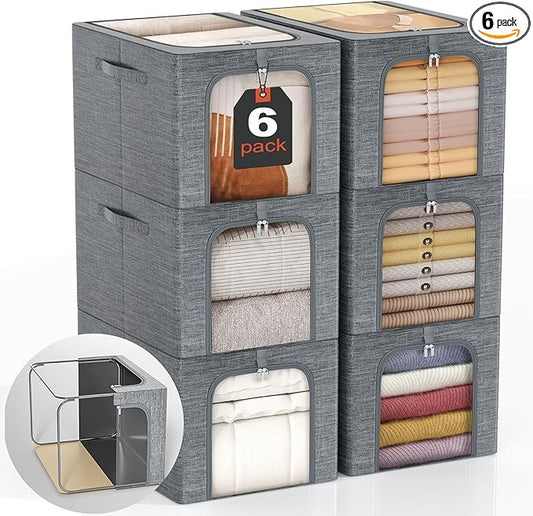 GoMaihe Clothes Storage Bin with Metal Frame: 6-Pack Stackable Closet Storage Bin with Lid & Clear Window, Sweater Boxes Storage for Closet Bedding Clothing Storage Organizer 40L