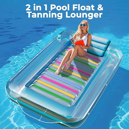 JAMBO Inflatable Tanning Pool Lounger Float, 70 x 47 Sun Tanning Pool Float with Pillow, Water Lounge Raft, Pool Floatie for Adults, Tanning Raft Pool Tub, Water Tanning Bed Kiddie Pool Tanning Floats