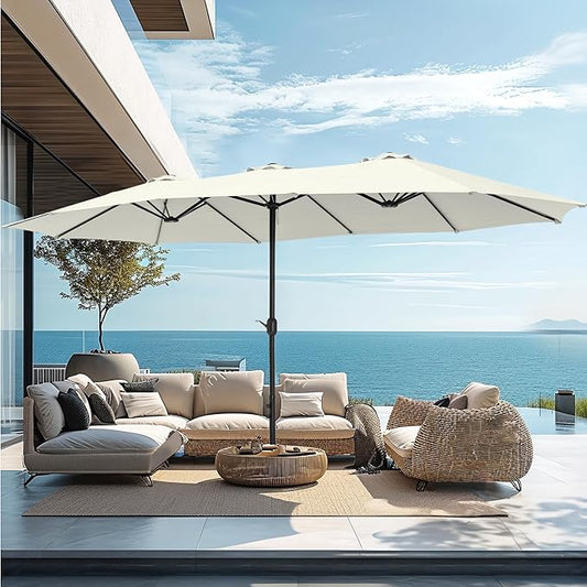 PHI VILLA 15ft Large Patio Umbrellas with Base Included, Outdoor Double-Sided Rectangle Market Umbrella with Stand, Outside Umbrellas for Poolside Lawn Backyard, Ivory