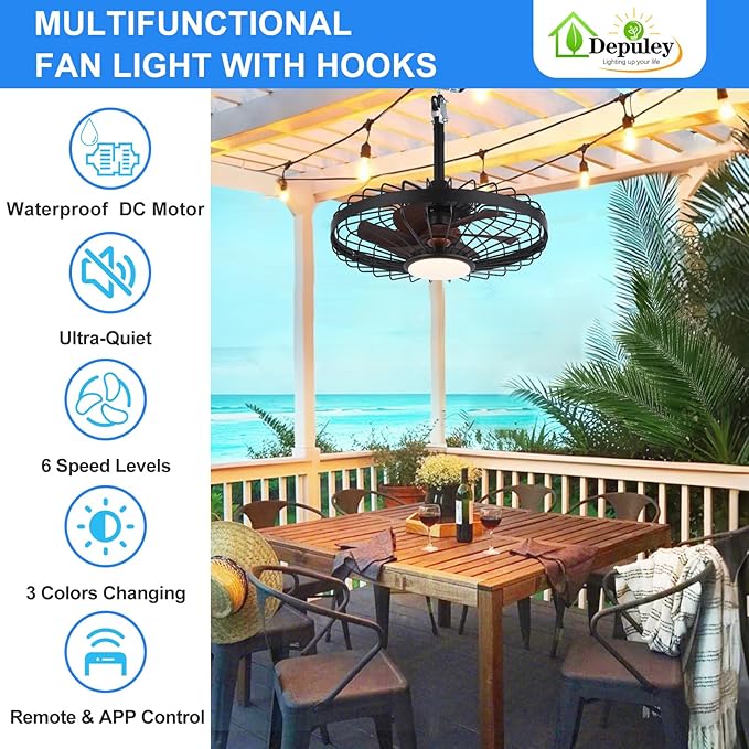 Depuley Gazebo Fans Outdoor Hanging: 20 Inch Black and Walnut Plug In Caged Outdoor Fan with Light and APP Remote Control - Waterproof Ceiling Fan for Patio Porch Pergola Reversible DC Motor